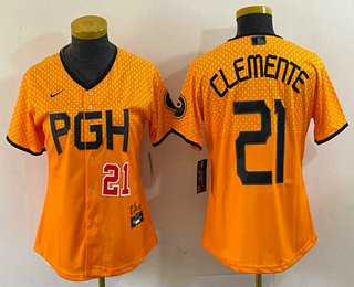 Womens Pittsburgh Pirates #21 Roberto Clemente Number Yellow 2023 City Connect Stitched Jersey1->mlb womens jerseys->MLB Jersey